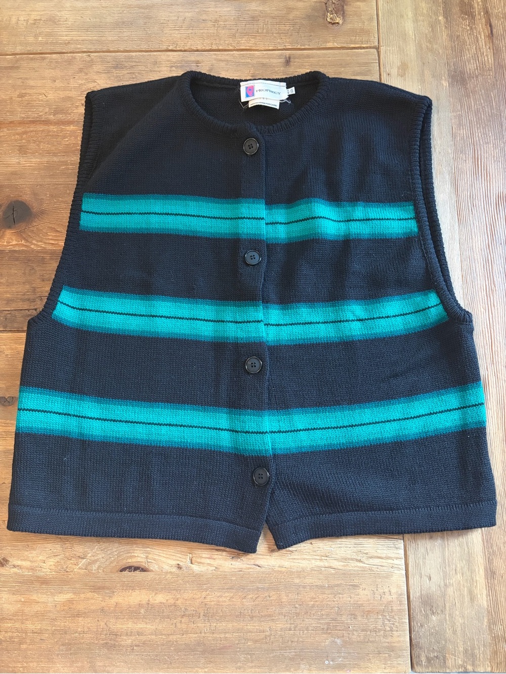 Vintage Prophecy 100% Wool Striped Sweater Vest Black Teal Large